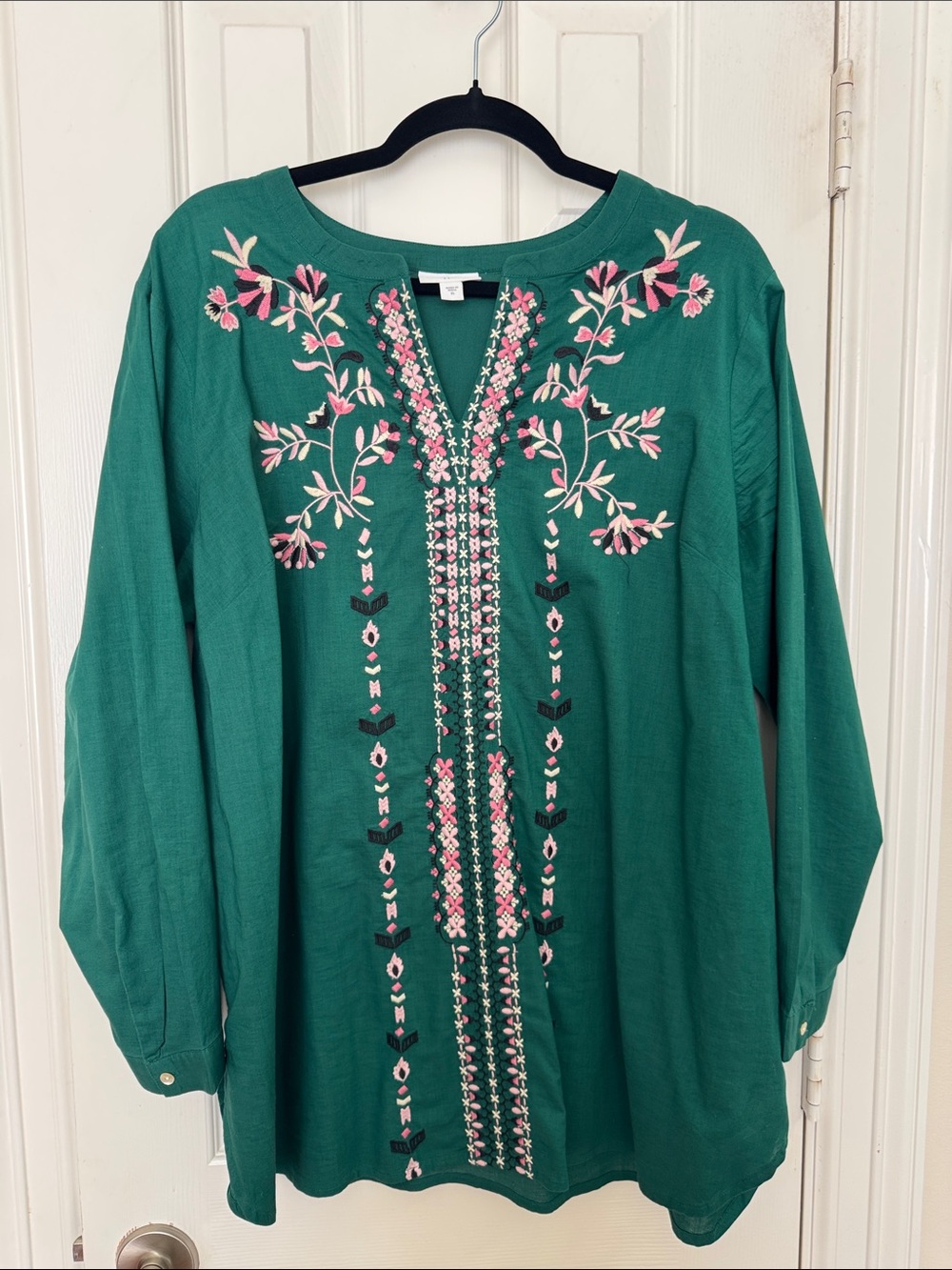 J. Jill Green Tunic with Pink & Cream Floral Embroidery